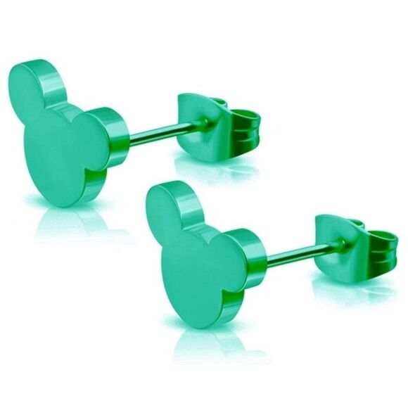 Green 316L Stainless Steel Mickey Mouse Silhouette Post Back Stud Earrings - Picture 1 of 5